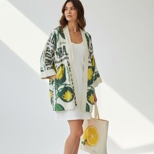 Lemonade Print Kimono Jacket Cardigan Cover Up Vintage‎ Sack Print 100% Cotton